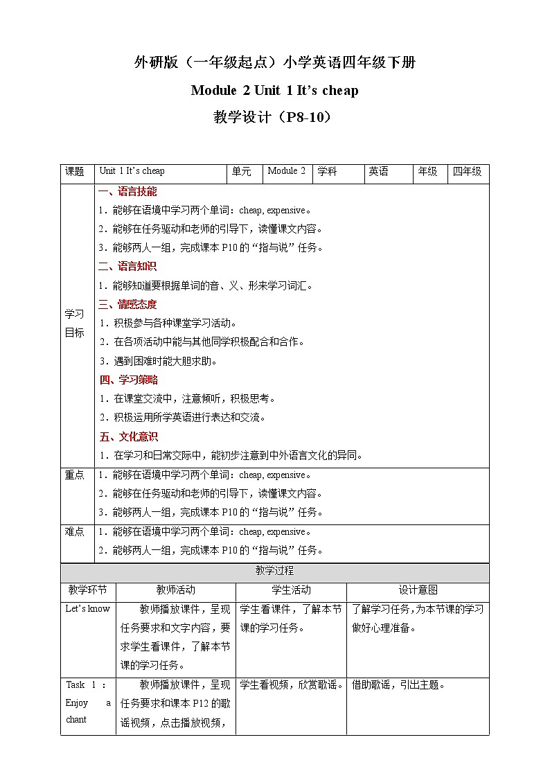 Module 2 Unit 1 It 's cheap 教案第1页