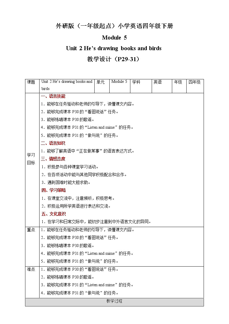 Module 5 Unit 2 He 's drawing books and birds 教案第1页