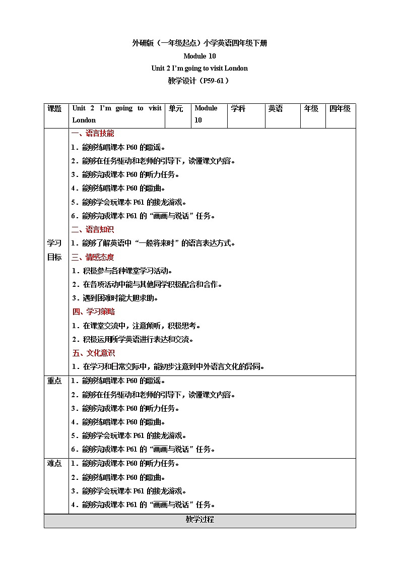 Module 10 Unit 2 I 'm going to visit London 教案第1页