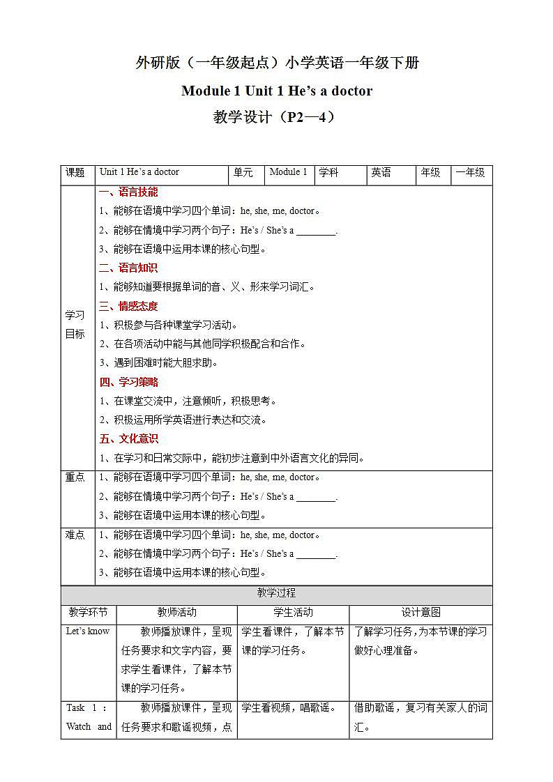 Module 1 Unit 1 He's a doctor 课件+教案+习题01