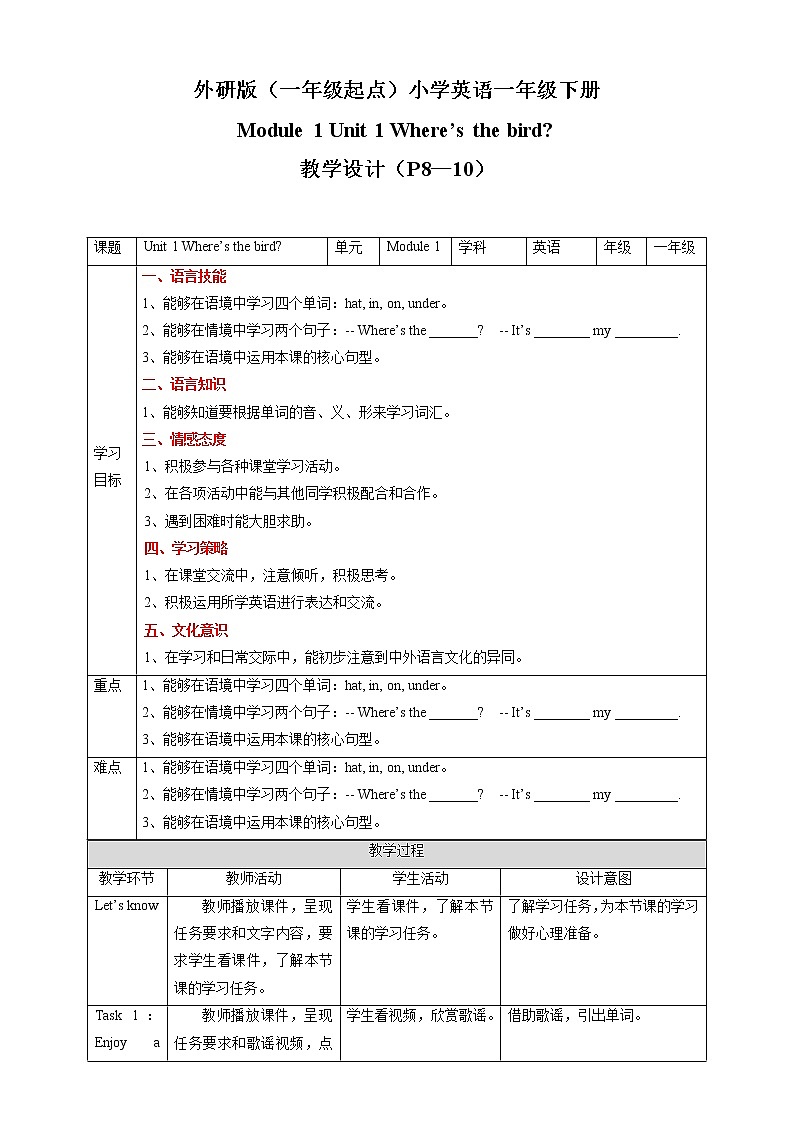 Module 2 Unit 1 Where's the bird 课件+教案+习题01
