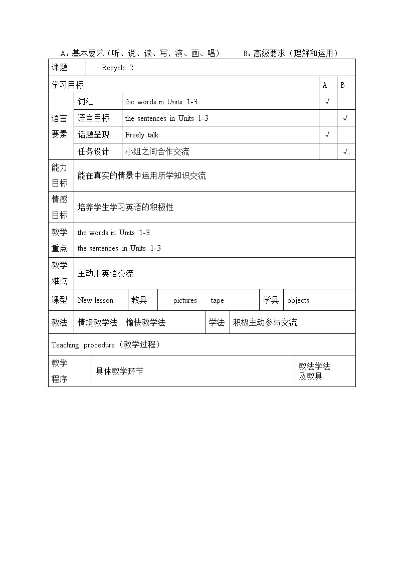 人教精通版英语三年级下册 Fun Time 1 Recycle  2 教案01
