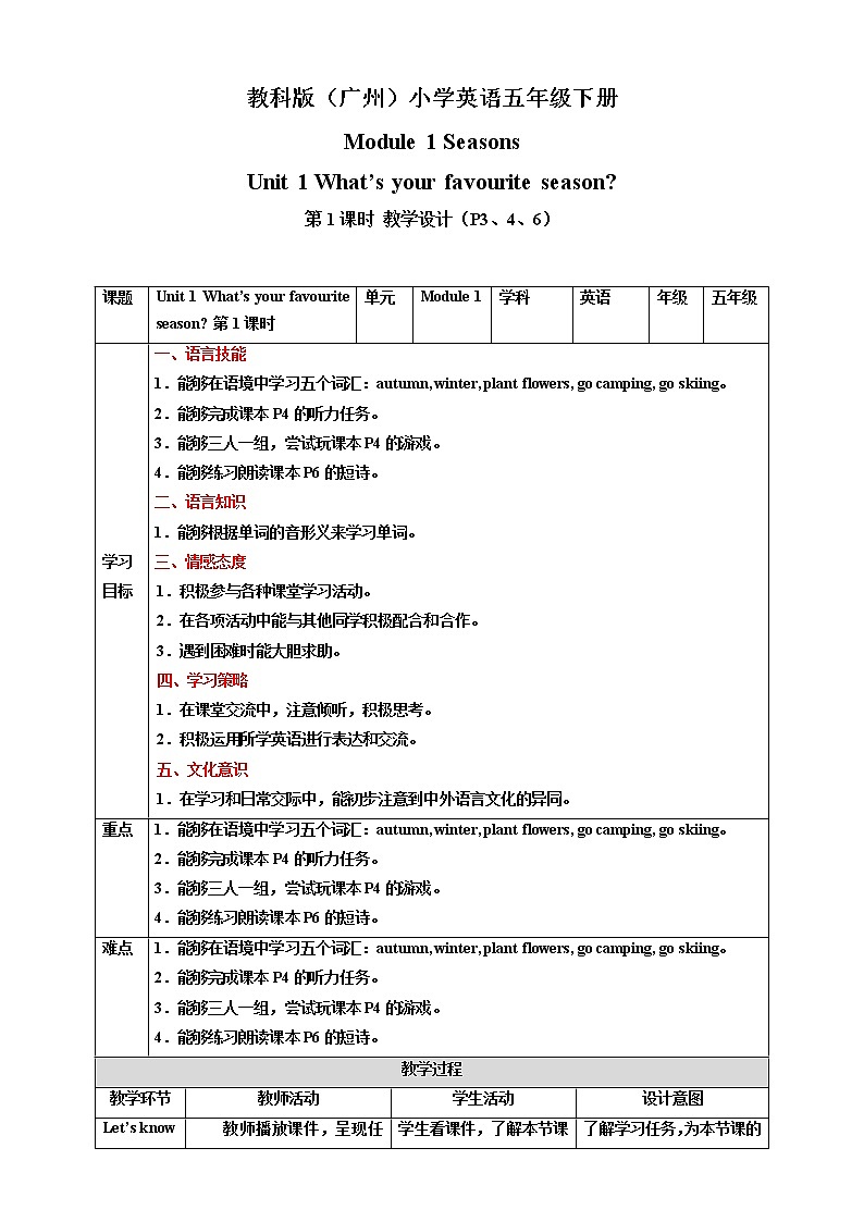 Module 1 Seasons Unit 1 What 's your favourite season （第1课时） 教学设计第1页