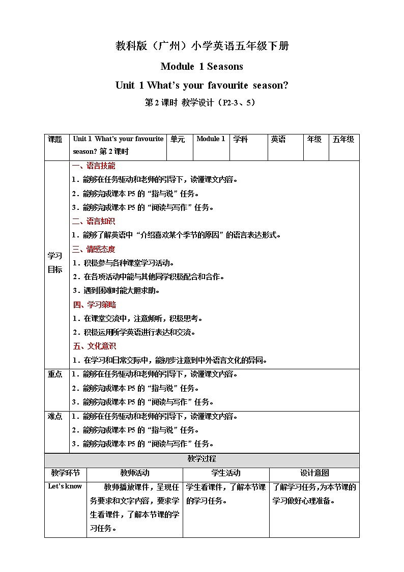 Module 1 Seasons Unit 1 What 's your favourite season （第2课时） 教学设计第1页