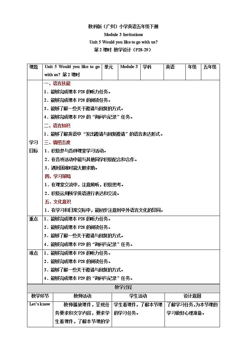 Module 3 Invitations Unit 5 Would you like to go with us （第2课时） 教学设计第1页