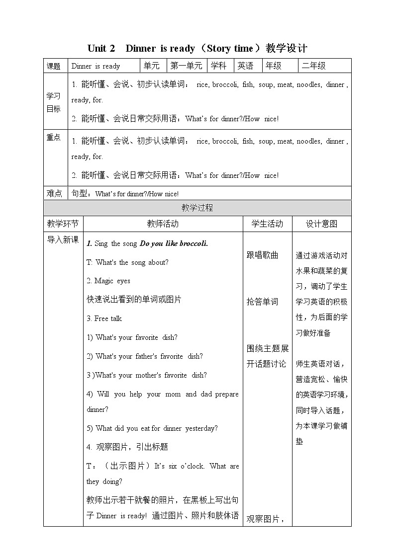 Unit 2 Dinner is ready!  Story time 课件+教案+练习+素材01