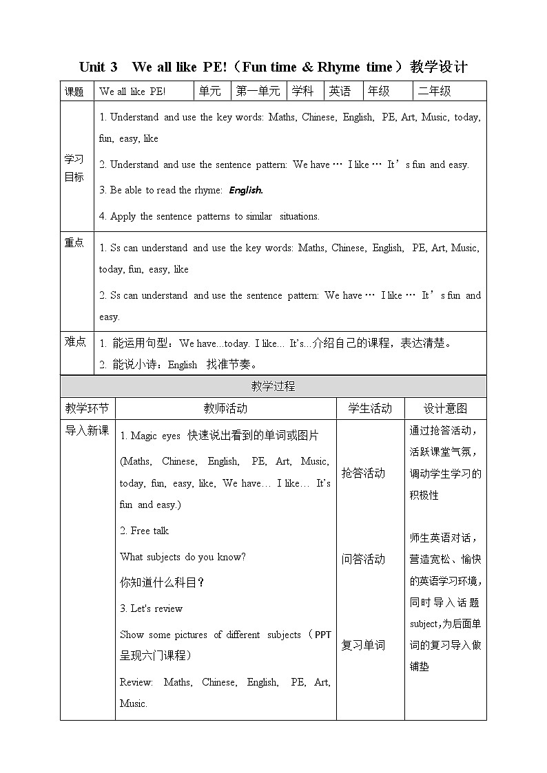Unit 3 We all like PE! Fun time & Rhyme time 课件+教案+练习+素材01