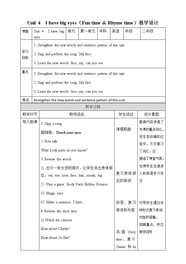 Unit 4 I have big eyes Fun time & Song time 课件+教案+练习+素材01