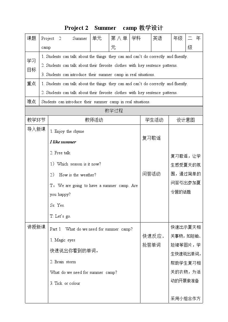 Project 2  Summer camp 课件+教案+练习01