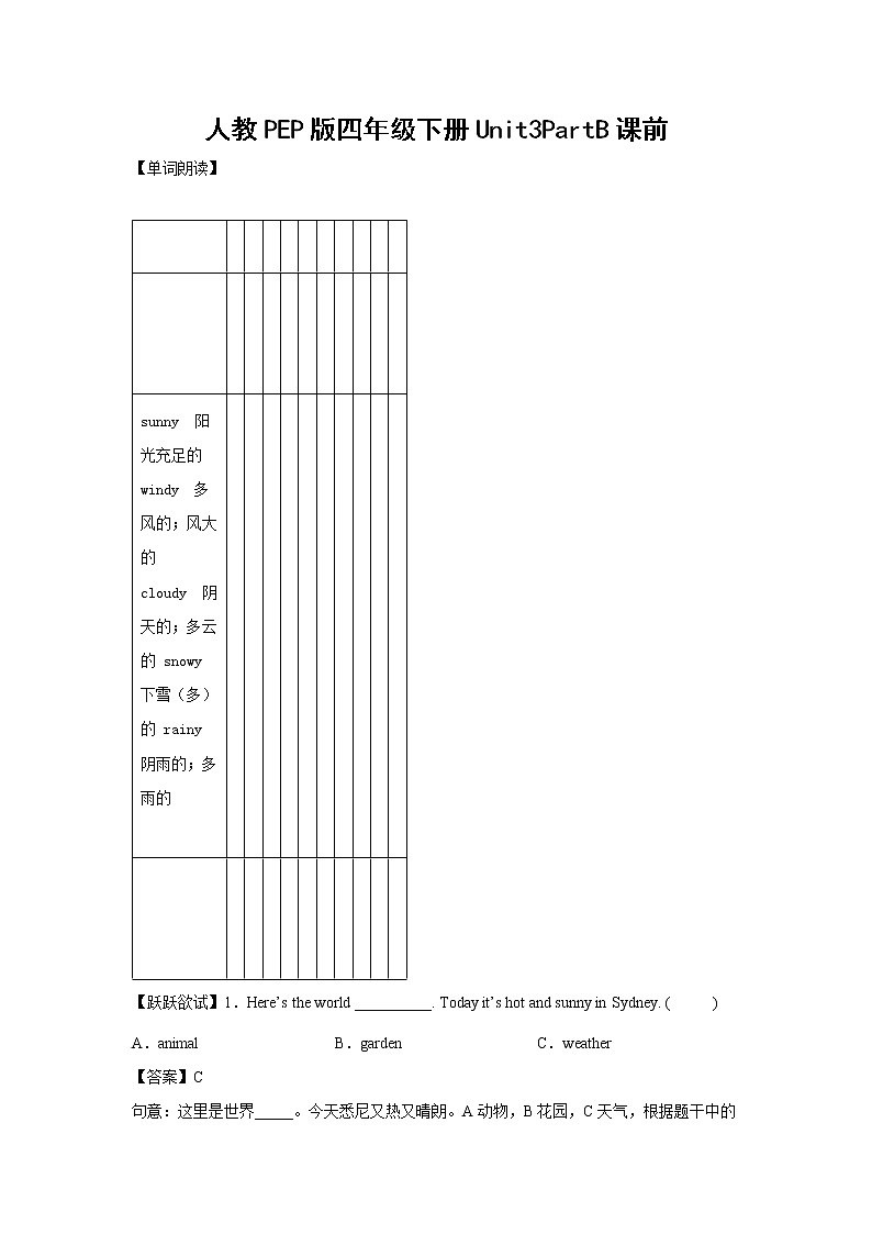 英语人教PEP版四年级下册Unit3PartB课前（学生版+解析版） 试卷01