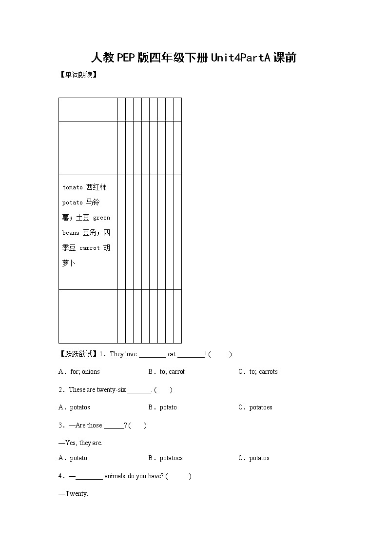 英语人教PEP版四年级下册Unit4PartA课前（学生版）第1页
