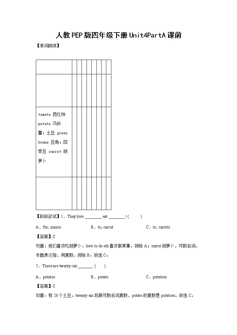 英语人教PEP版四年级下册Unit4PartA课前（解析版）第1页