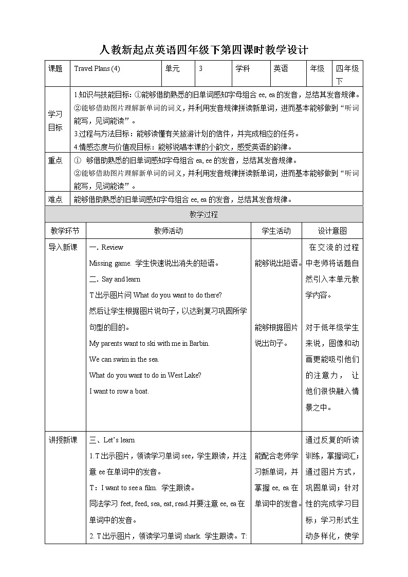 【精品备课包，课件+教案+练习+无音频素材】四年级下册英语-Unit 3Travel Plans let's spell ﹢let's check人教新起点01