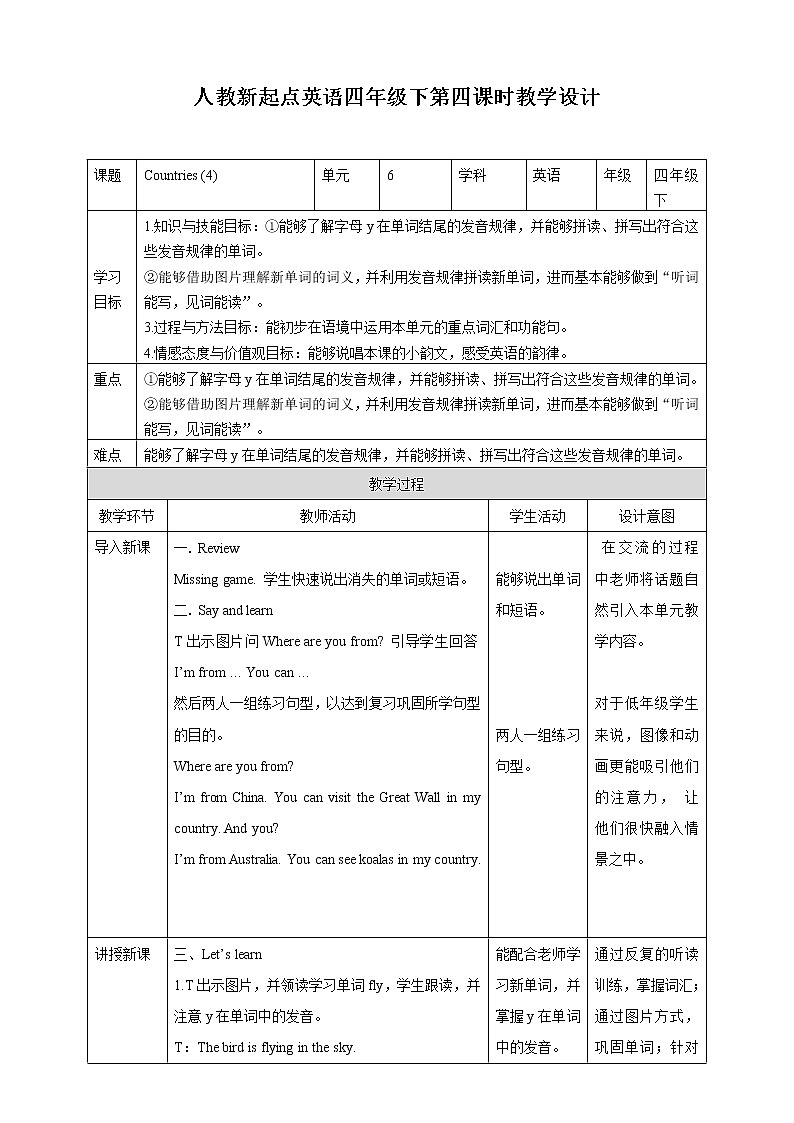 【精品备课包，课件+教案+练习+无音频素材】四年级下册英语-Unit 6 Countries Let's spell +Let's check人教新起点01