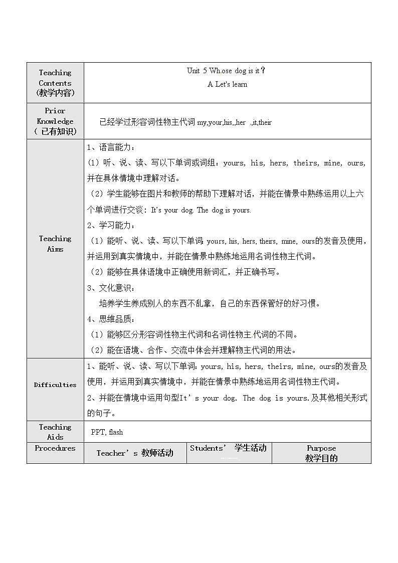 【精品配套备课包】五年级下册英语-Unit 5 Whose dog is it Part A Let's learn课件+教案+导学案+音视频素材人教PEP01