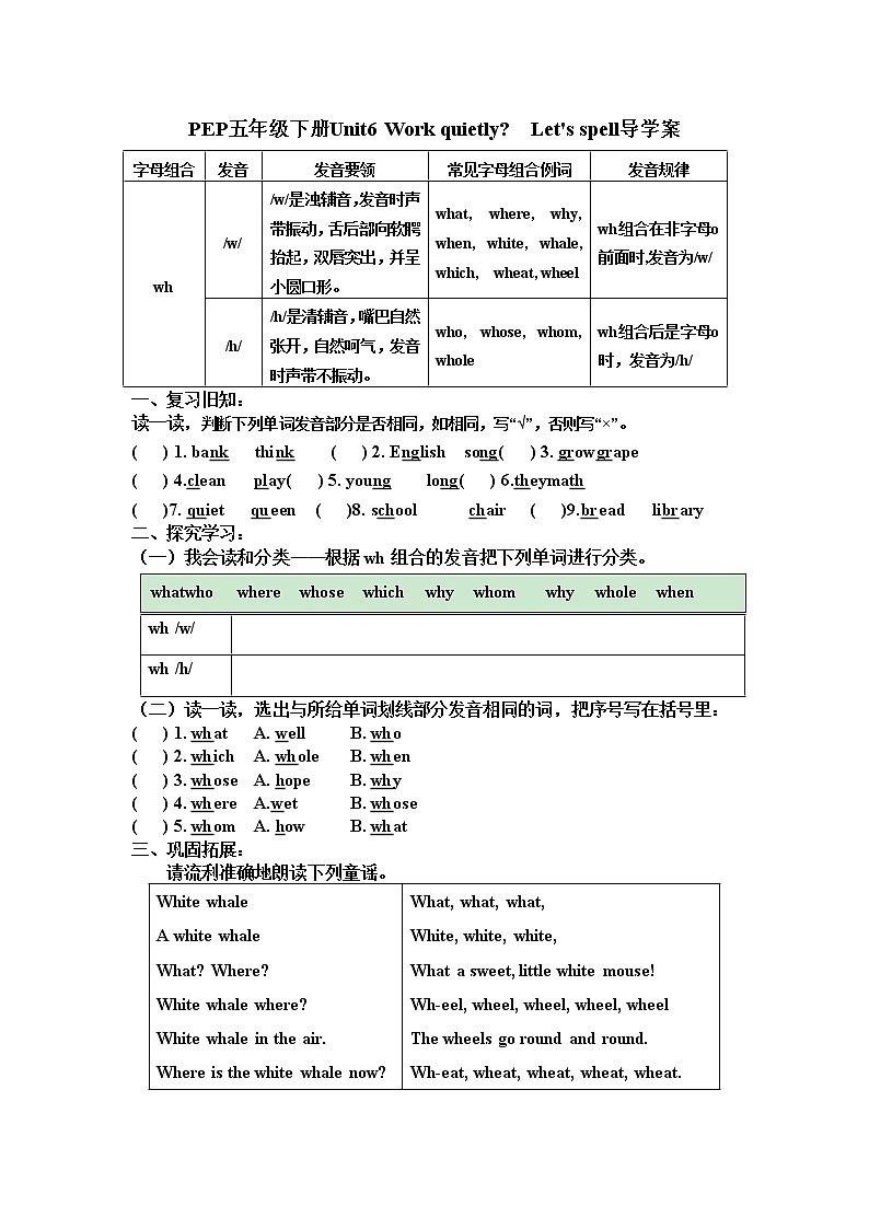 【精品配套备课包】五年级下册英语-Unit 6 Work quietly!Part A Let's spell 课件+教案+学案+练习+音视频素材人教PEP01