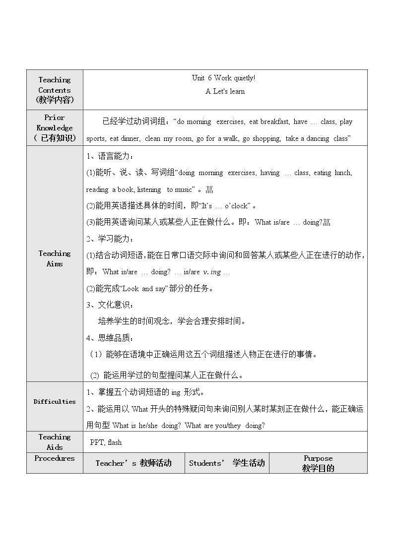 【精品配套备课包】五年级下册英语-Unit 6 Work quietly!Part  A Let's learn课件+教案+学案+练习+音视频素材人教PEP01