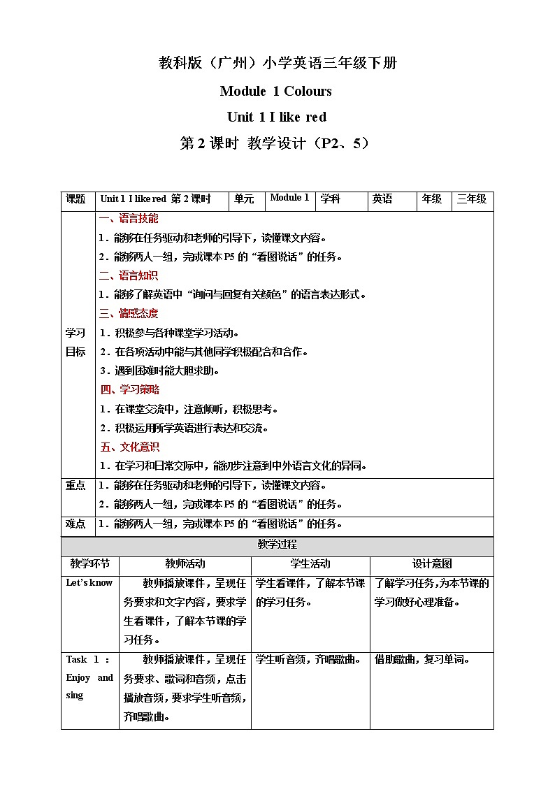 Module 1 Colours Unit 1 I like red（第2课时）课件+教案+习题（含答案）+素材01