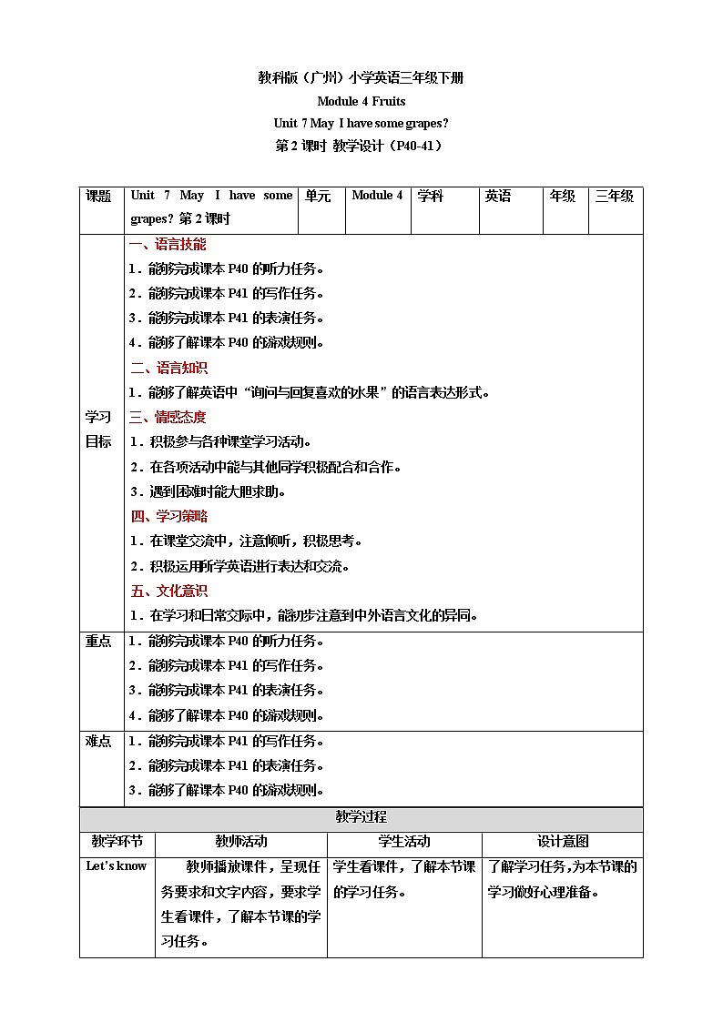 Module 4 Fruits Unit 7 May I have some grapes （第2课时 ）课件+教案+习题（含答案）+素材01