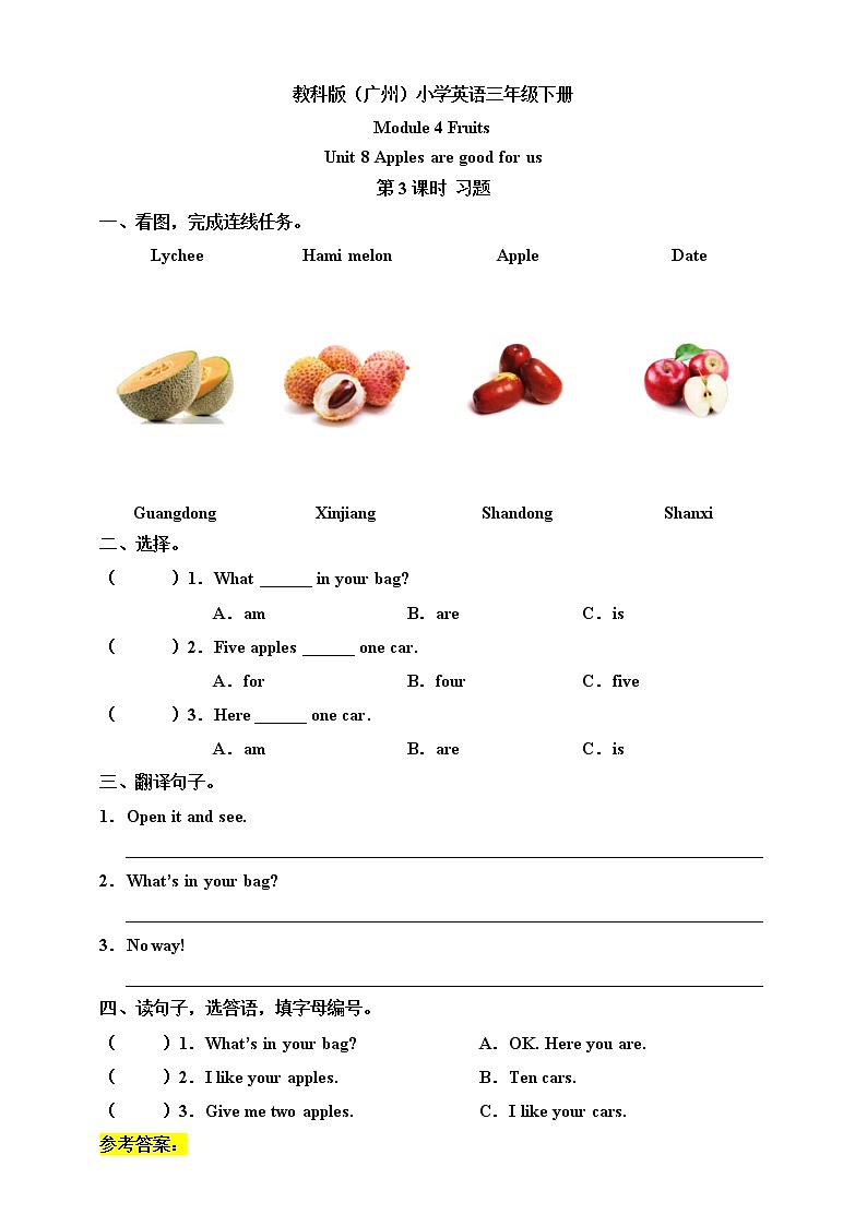 Module 4 Fruits Unit 8 Apples are good for us （第3课时 ）课件+教案+习题（含答案）+素材01