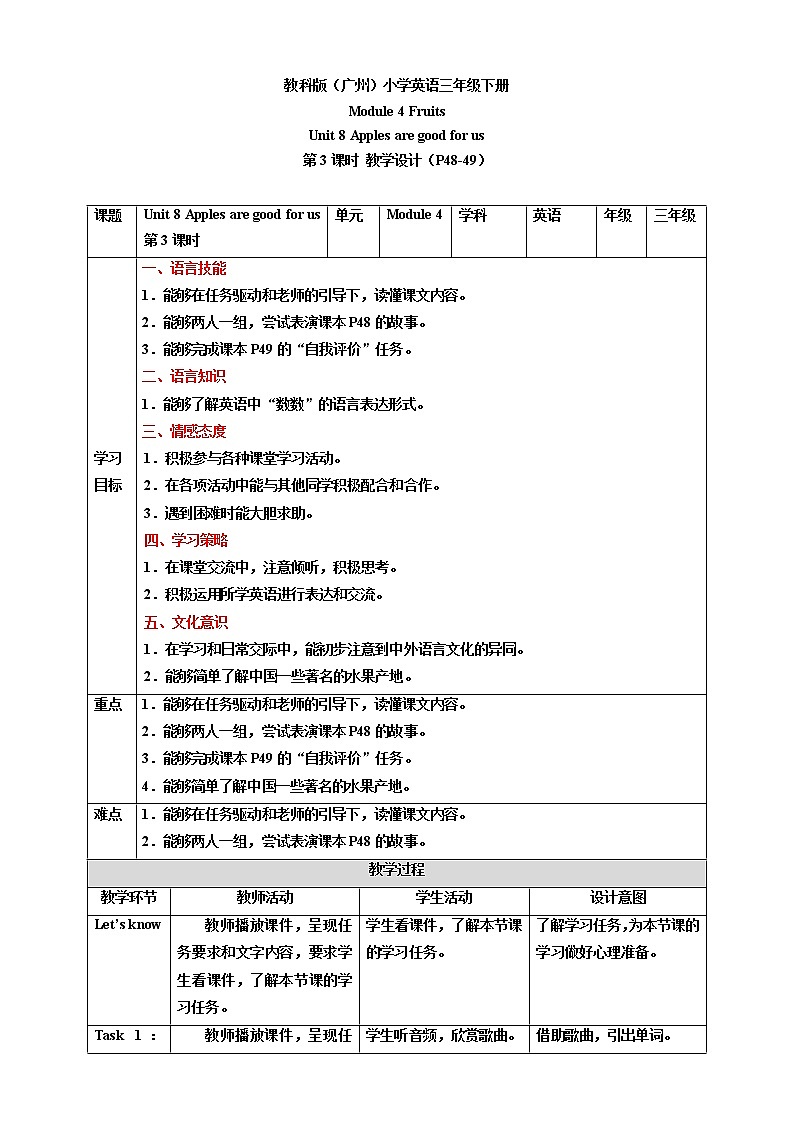 Module 4 Fruits Unit 8 Apples are good for us （第3课时 ）课件+教案+习题（含答案）+素材01