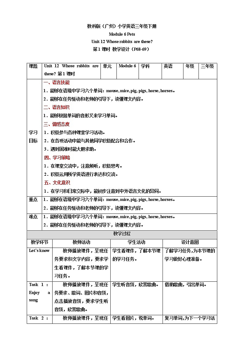 Module 6 Pets Unit 12 Whose rabbits are these （第1课时 ）课件+教案+习题（含答案）+素材01