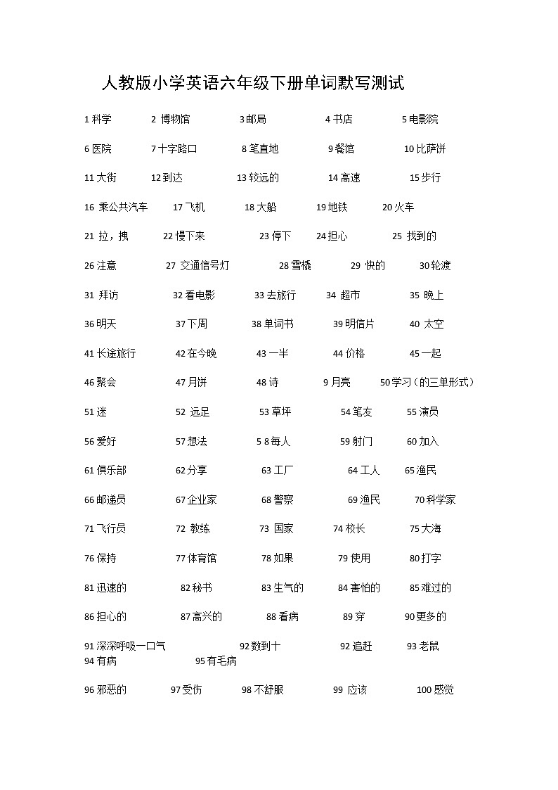 人教版小学英语六年级上册单词默写试卷01