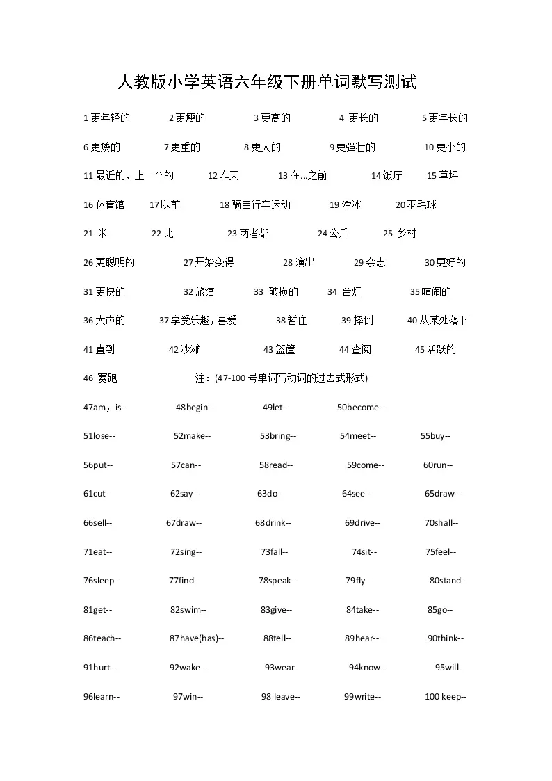 人教版小学英语六年级下册单词默写试卷01