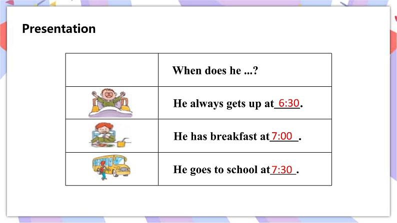 接力版英语五年级上册Lesson 4 He goes to school at 7.30. 第 1 课时课件+教案07