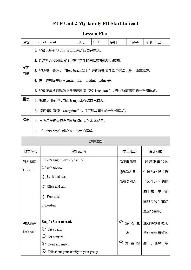 Unit 2《 My family PB Start to read & PC Story time》教案第1页