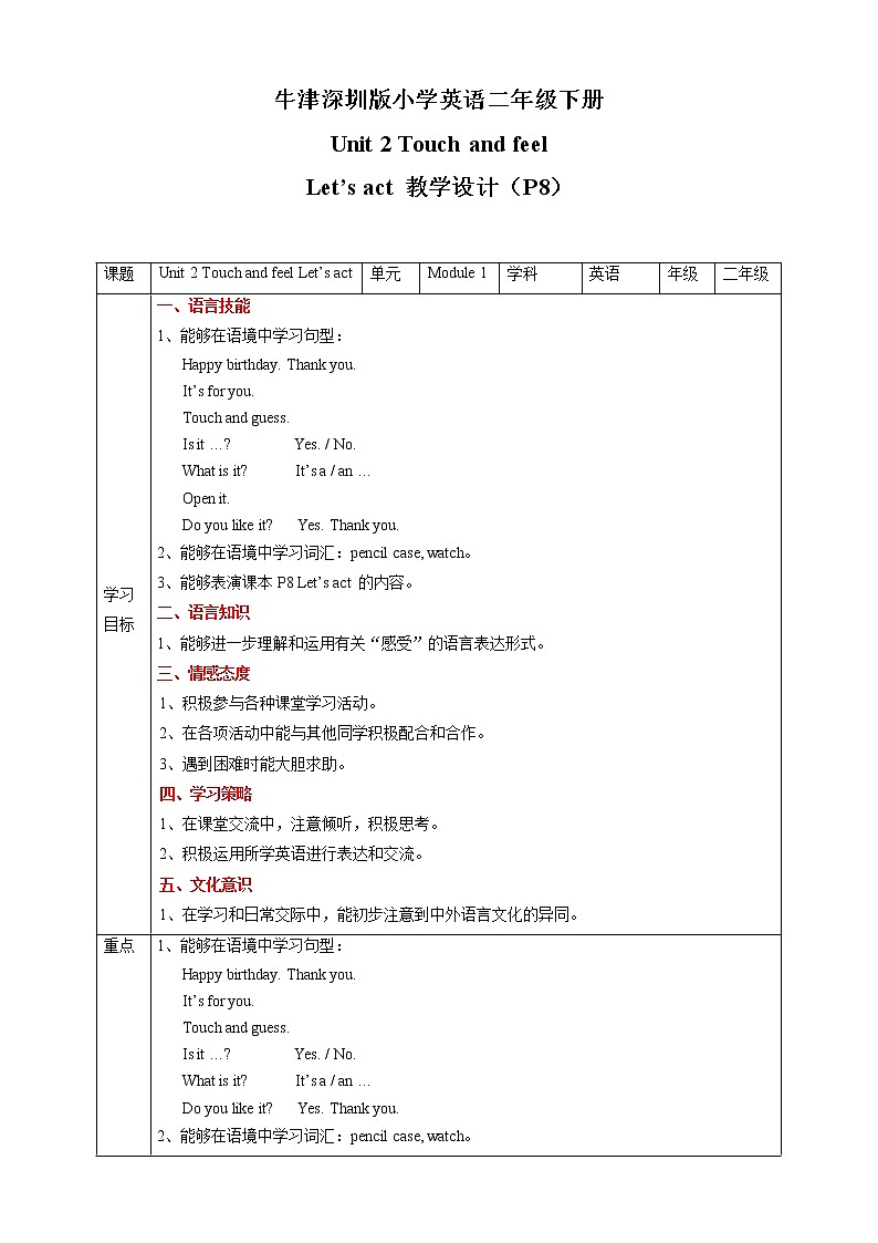 沪教牛津版英语2年级下册 Unit 2 Touch and feel Let’s act 课件+教案+习题+素材01
