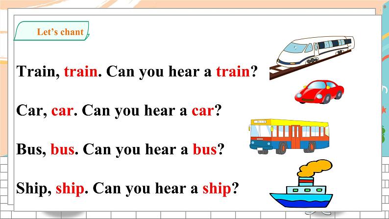 沪教牛津版英语2年级下册 Unit 3 Can you hear a train Let’s play 课件+教案+习题+素材02