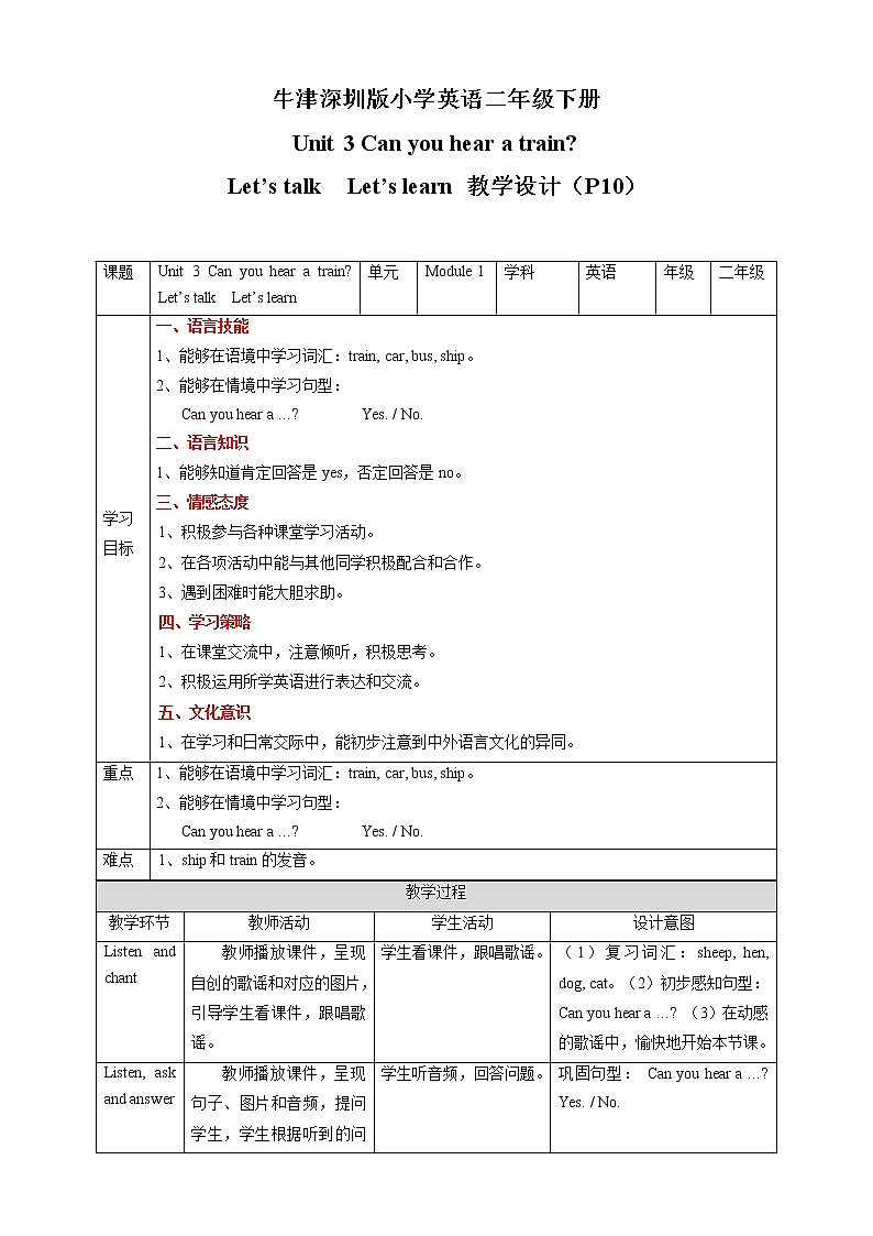 沪教牛津版英语2年级下册 Unit 3 Can you hear a train Let’s talk Let’s learn 课件+教案+习题+素材01