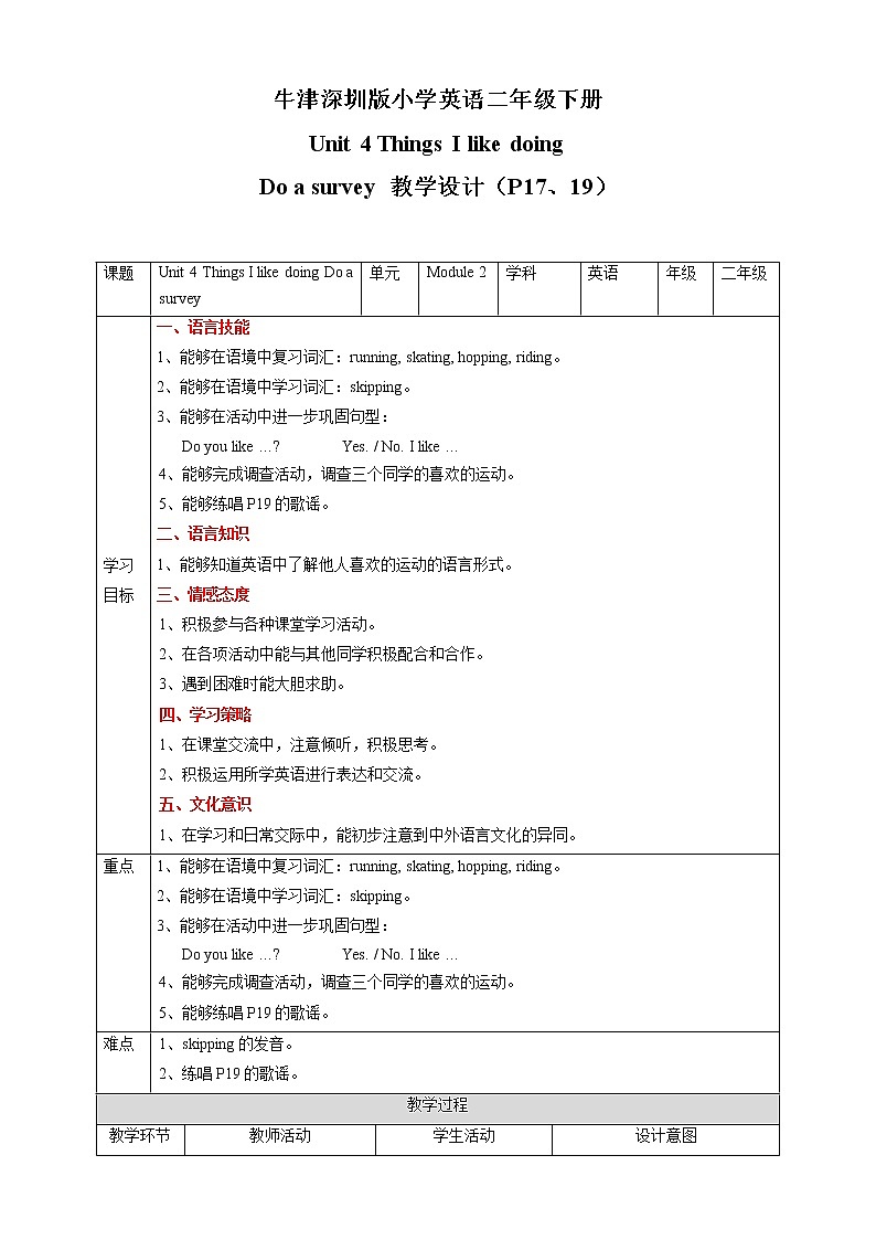 沪教牛津版英语2年级下册 Unit 4 Things I like doing Do a survey 课件+教案+习题+素材01