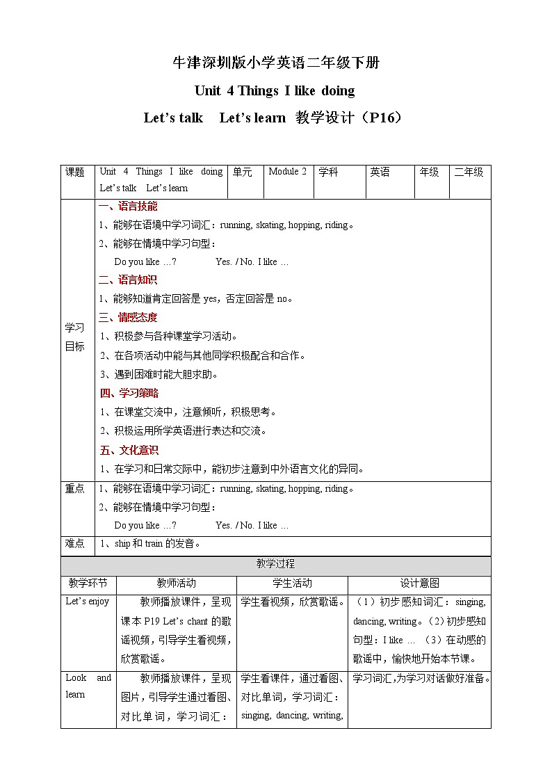 Unit 4 Things I like doing Let 's talk Let 's learn 教案第1页