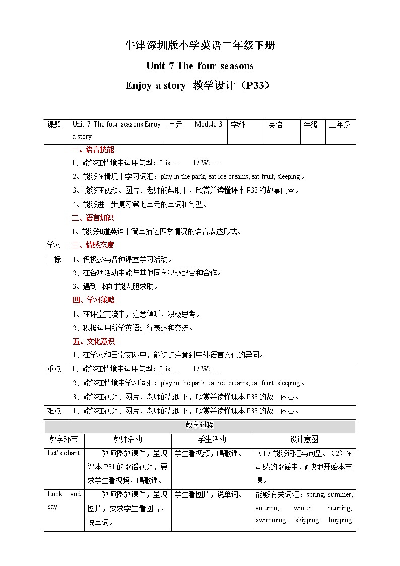 沪教牛津版英语2年级下册 Unit 7 The four seasons Enjoy a story 课件+教案+习题+素材01