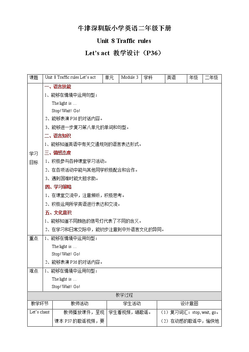 Unit 8 Traffic rules Let 's act 教案第1页