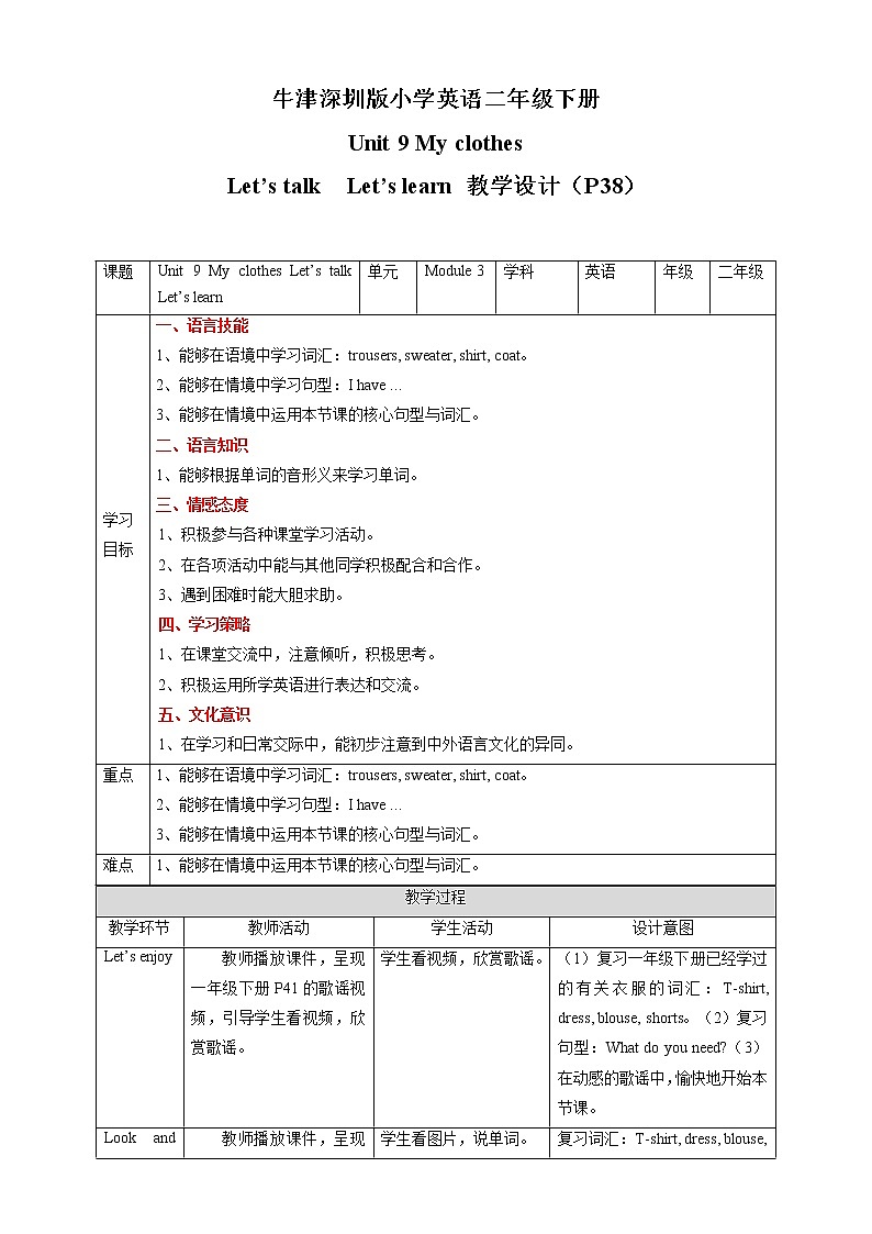 沪教牛津版英语2年级下册 Unit 9 My clothes Let’s talk Let’s learn 课件+教案+习题+素材01