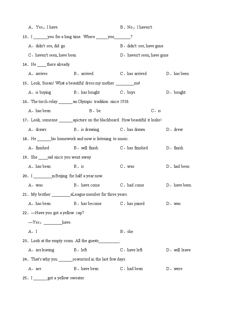 小学英语语法专项《现在完成时》练习附解析答案第2页
