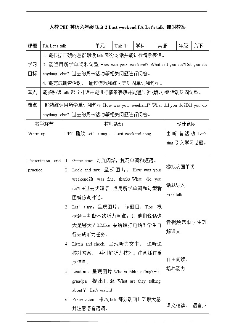 Unit 2 Last weekend PA let 's talk 教案第1页