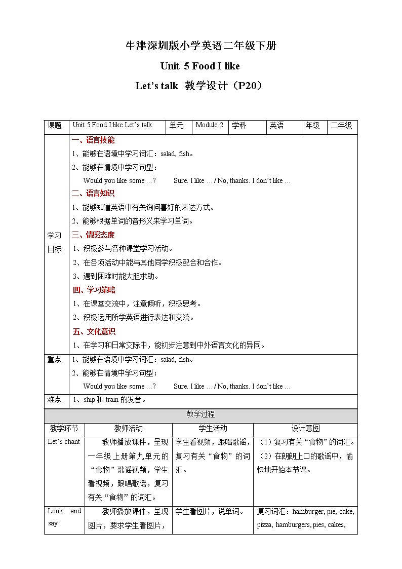 Unit 5 Food I like Let 's talk 教案第1页