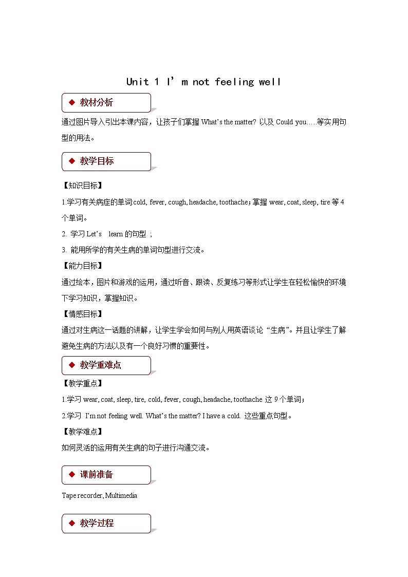 英语科普版六年级第二学期：Lesson 1 I'm not feeling well 教案练习课件01