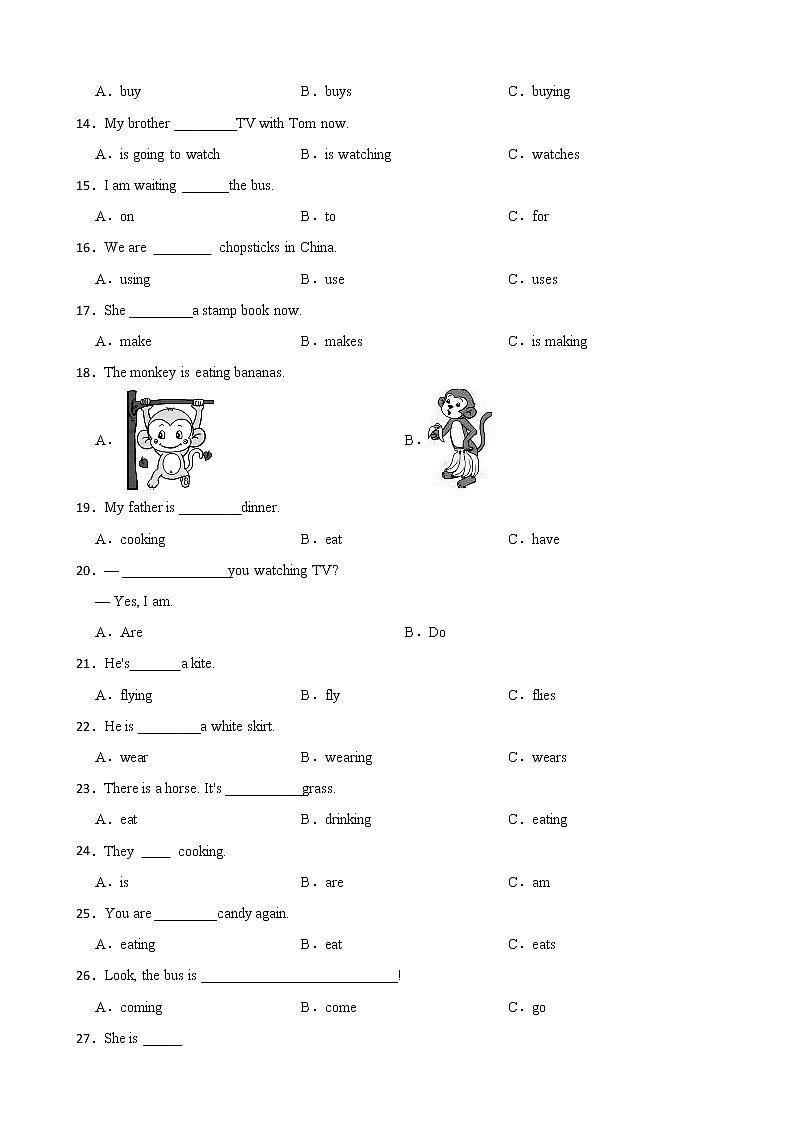 100例：小学英语现在进行时时态语法 试卷02