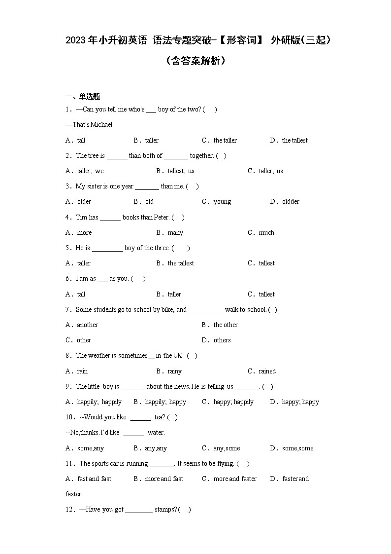 2023年小升初英语+语法专题突破-形容词+外研版（三起）第1页