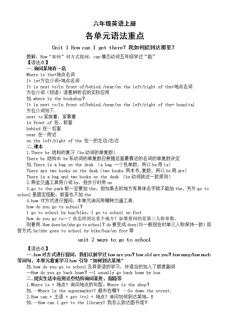 小学英语人教版六年级上下册各单元语法重点第1页