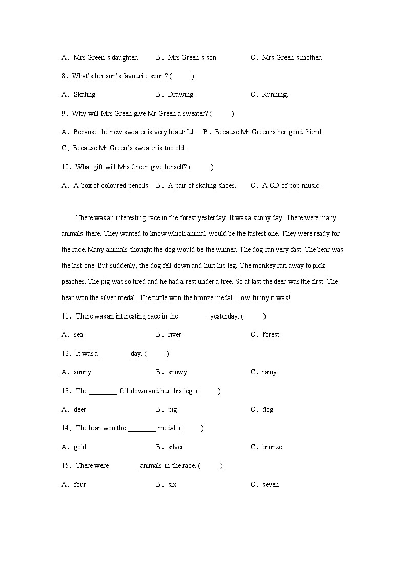 小学四年级上册英语阅读理解专项训练第2页