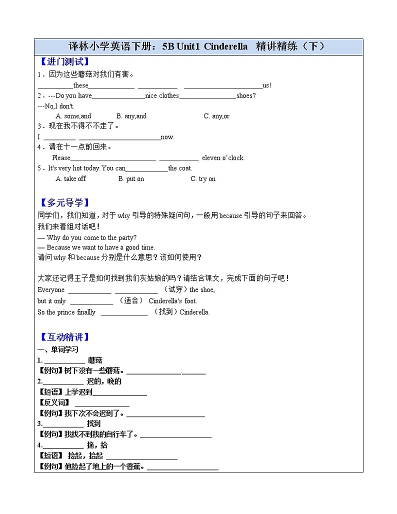 新版牛津英语五年级下册 5B Unit1 精讲精练（培优）下第1页