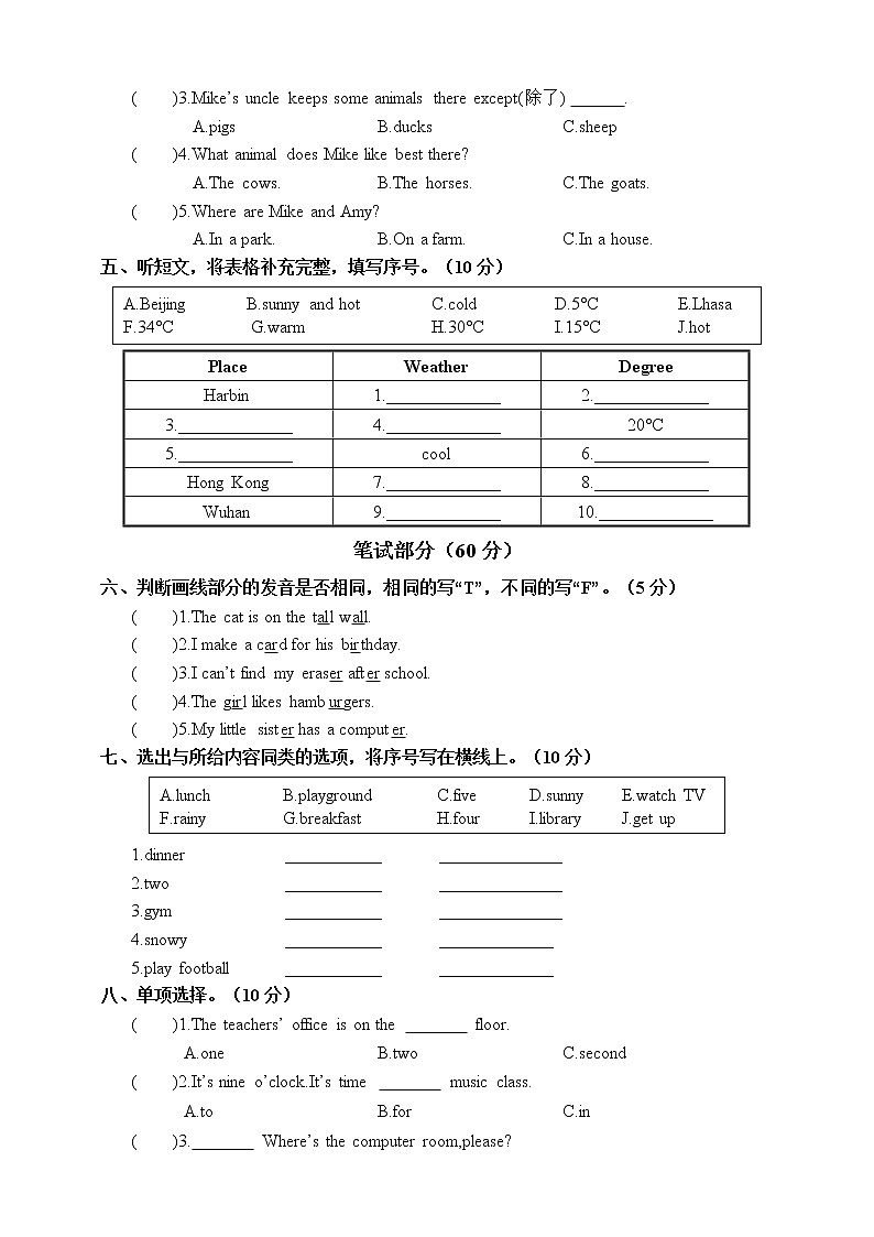 人教版（PEP）小学英语四年级下册期中模拟卷7（含答案及听力原文，听力音频）02
