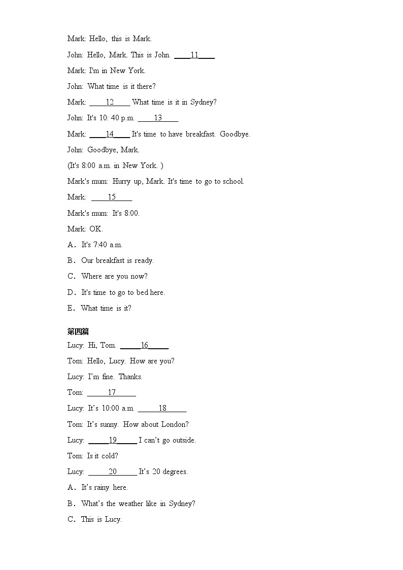 人教PEP版英语四年级下册期中专题精练学案——专题05  补全对话（含答案）02