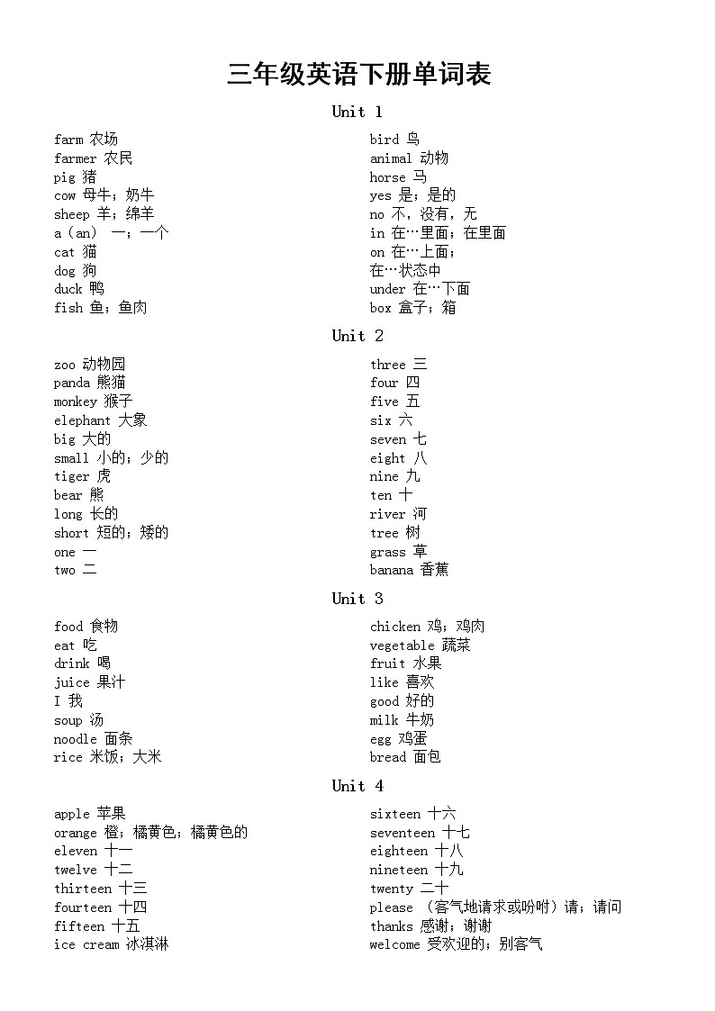 小学英语冀教版小升初单词汇总（3-6年级共8册）（分年级单元编排）第2页